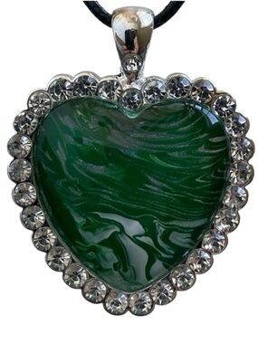 Hand Crafted Green and Silver Heart Fluid Art Pendant Necklace by Svetlana Yeung